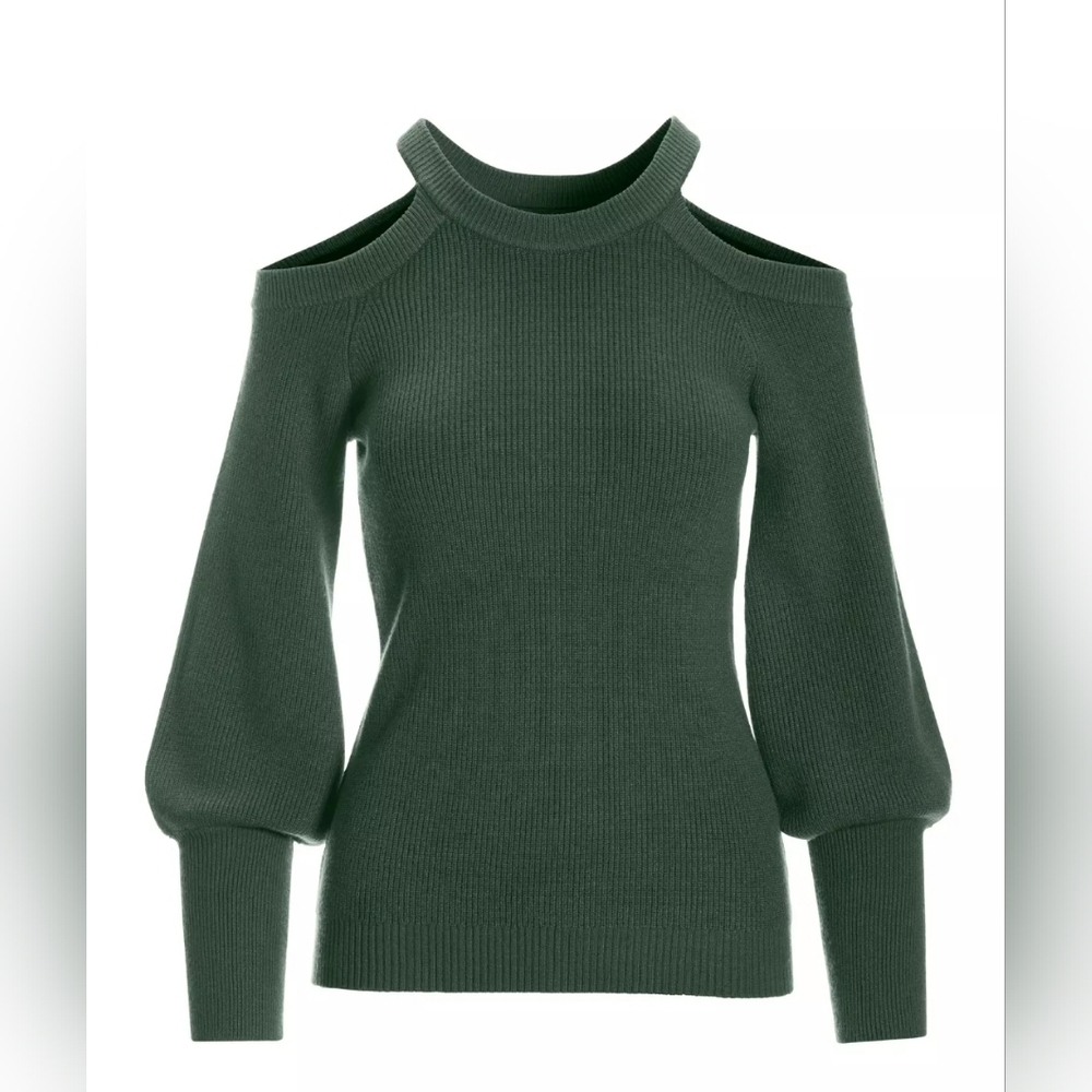 Boston Proper Forest Green Cold Shoulder Ribbed Knit Sweater | Size M | Mock Nec - Picture 2 of 6